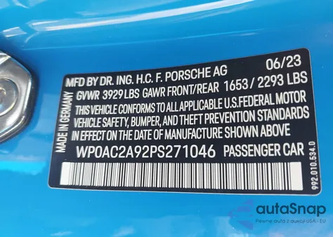 2023 Porsche 911 Gt3/Gt3 W/Touring Package from USA, damaged, VIN WP0AC2A92PS271046